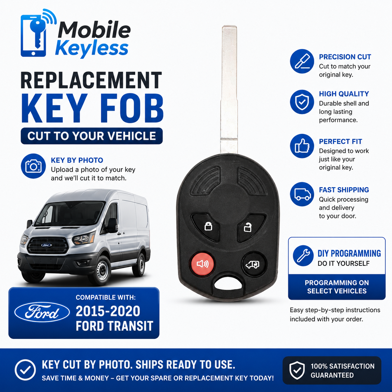 Ford Transit 4-Button Remote Head Key - High Security - Cut By Photo & DIY Programming