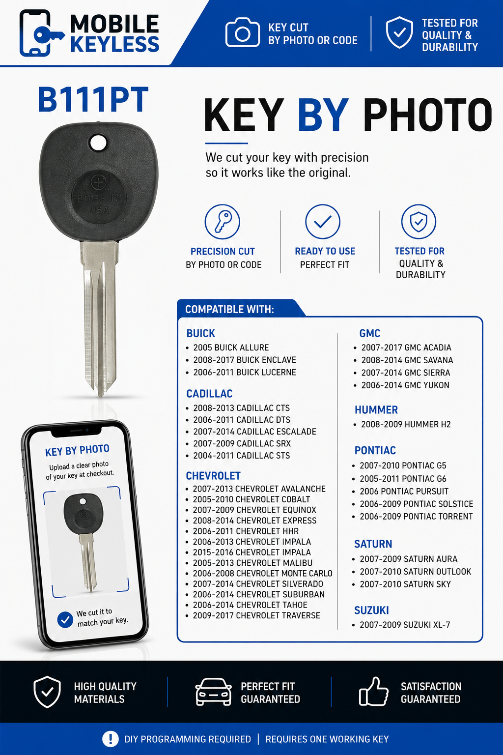 GM Transponder Chip Key B111PT - Buick Chevrolet Cadillac DIY