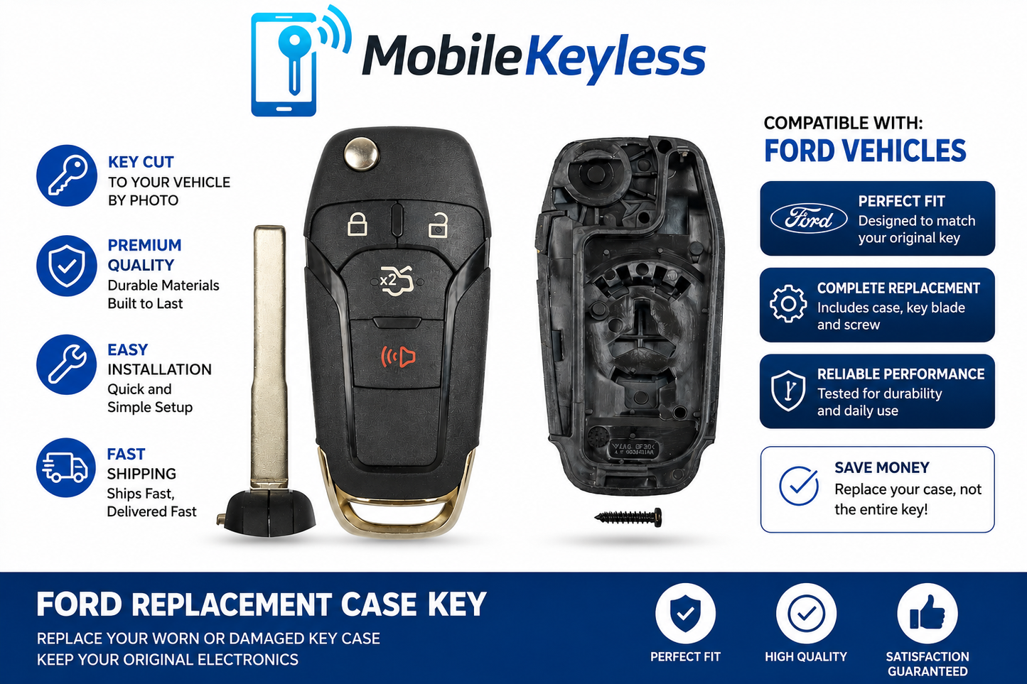 Ford 4 Button Flip Key Replacement Case key cut to your car with key by photo