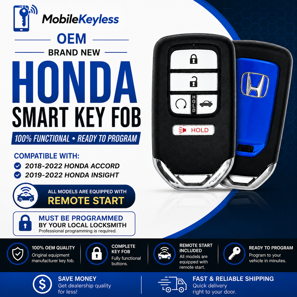 Honda Accord Insight 5-Button Smart Key - OEM New - Remote Start