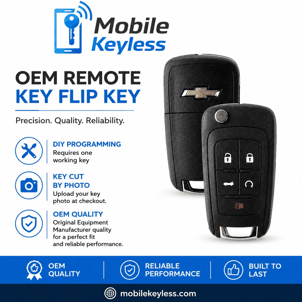 Chevrolet 5-button OEM remote flip key by Strattec, front and back, cut by photo