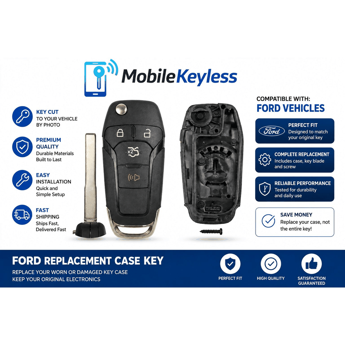 Ford Explorer and Fusion 4-button flip key replacement shell, cut to your vehicle by photo
