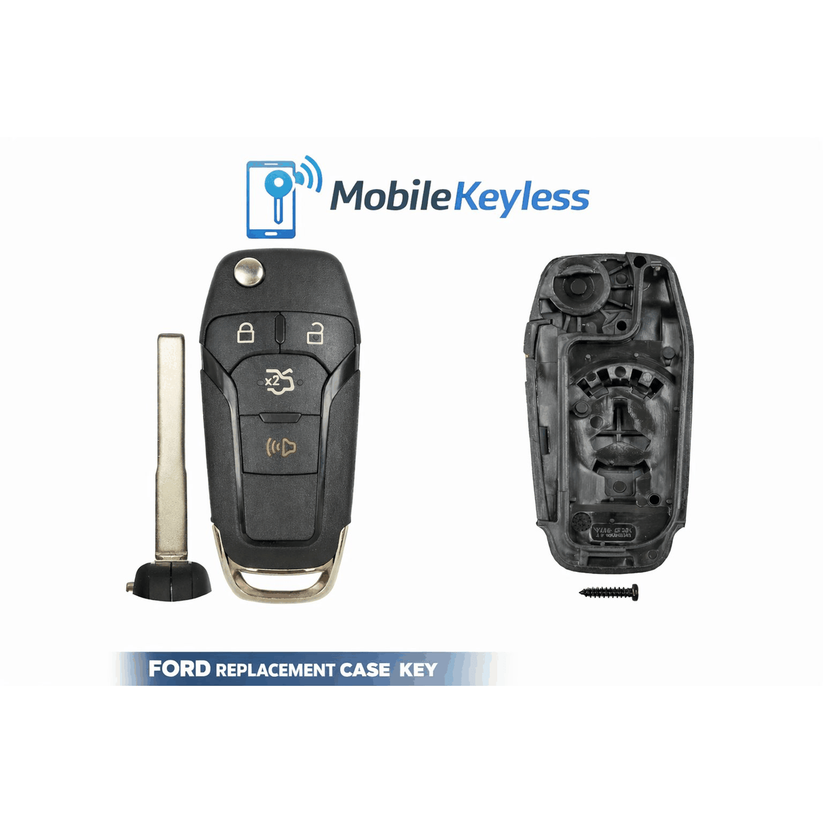 Ford 4-button flip key replacement case with blade, front and inside view