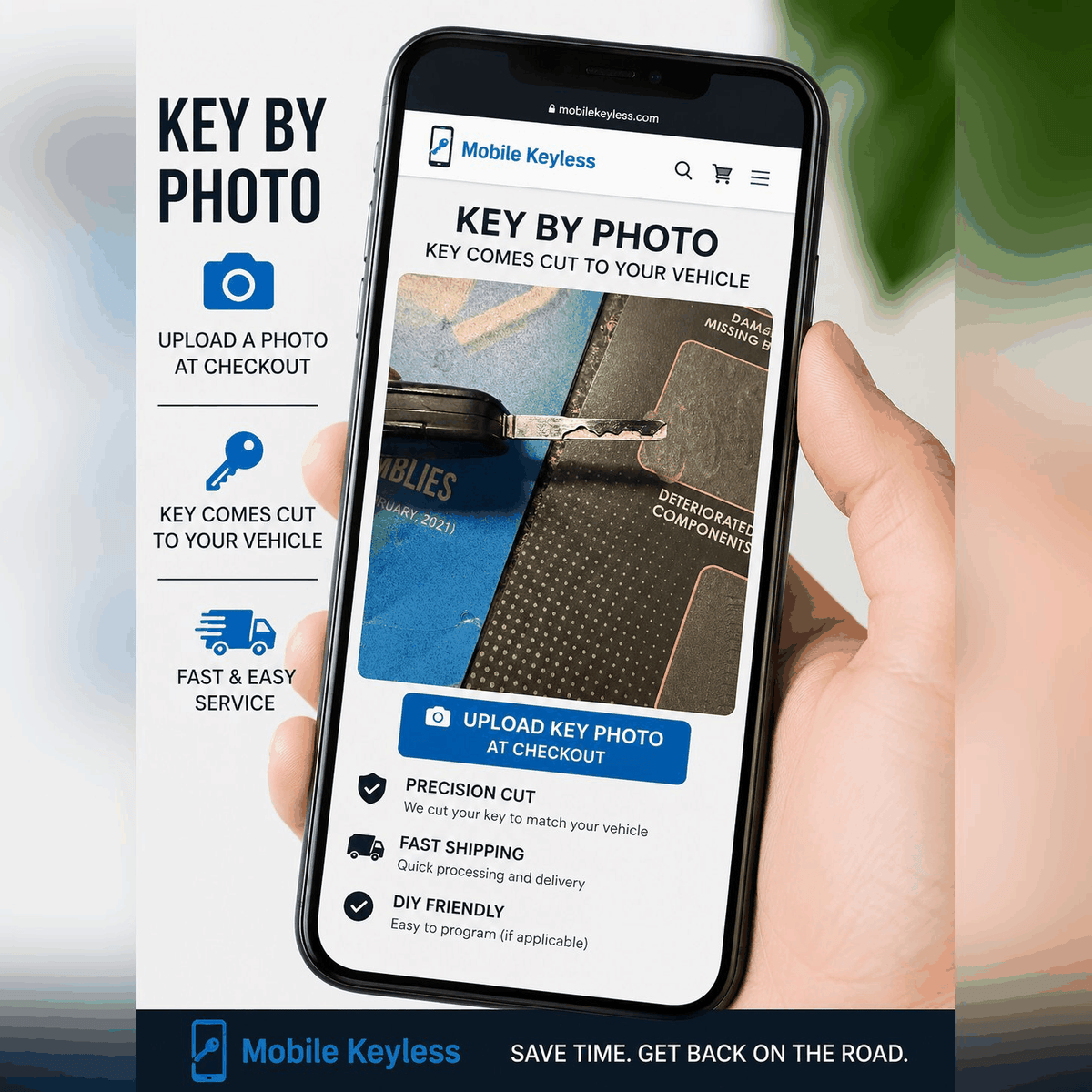 Phone showing the Key by Photo upload step at checkout, key comes cut to your vehicle