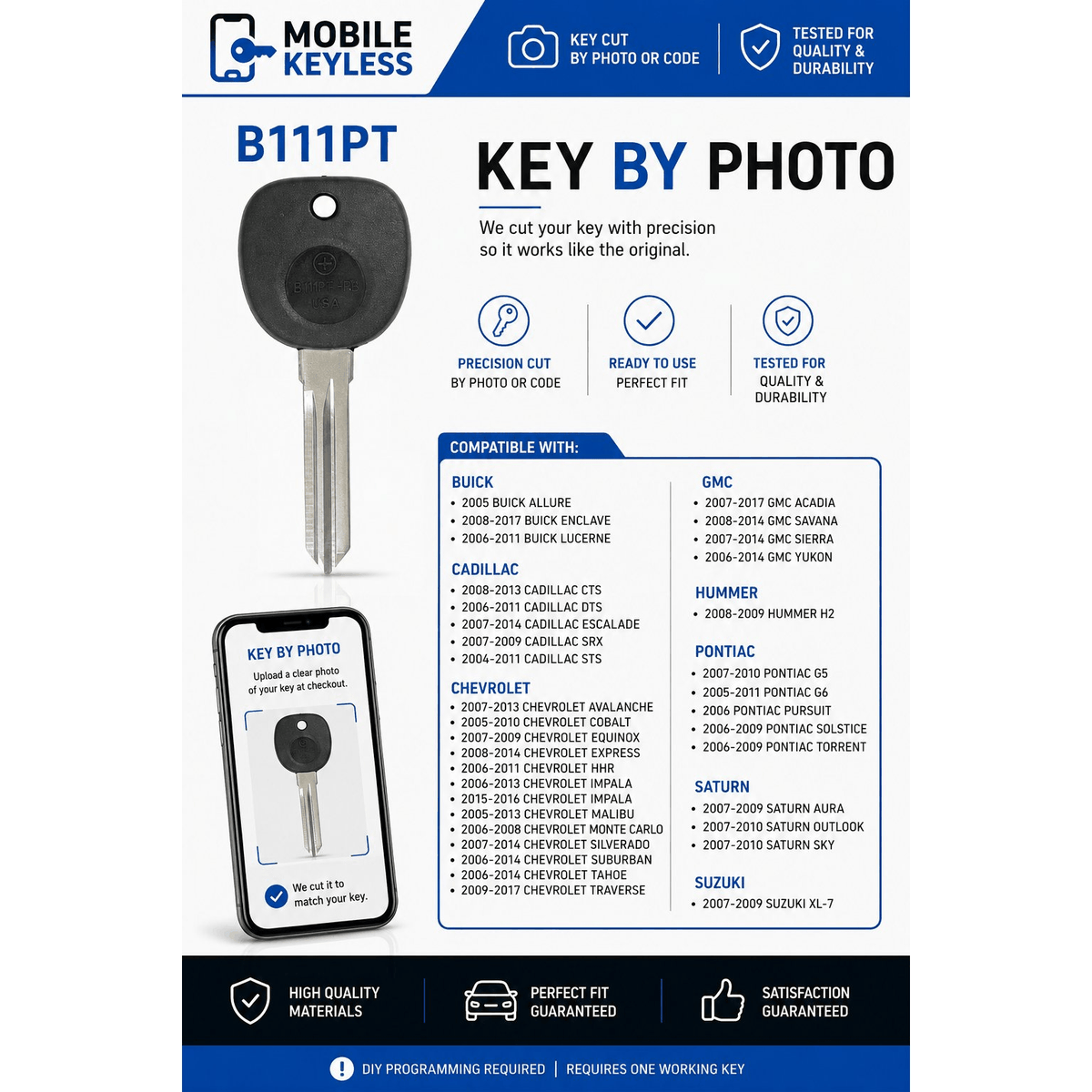 GM B111PT transponder chip key for Buick, Chevrolet, Cadillac, GMC with compatible vehicle list
