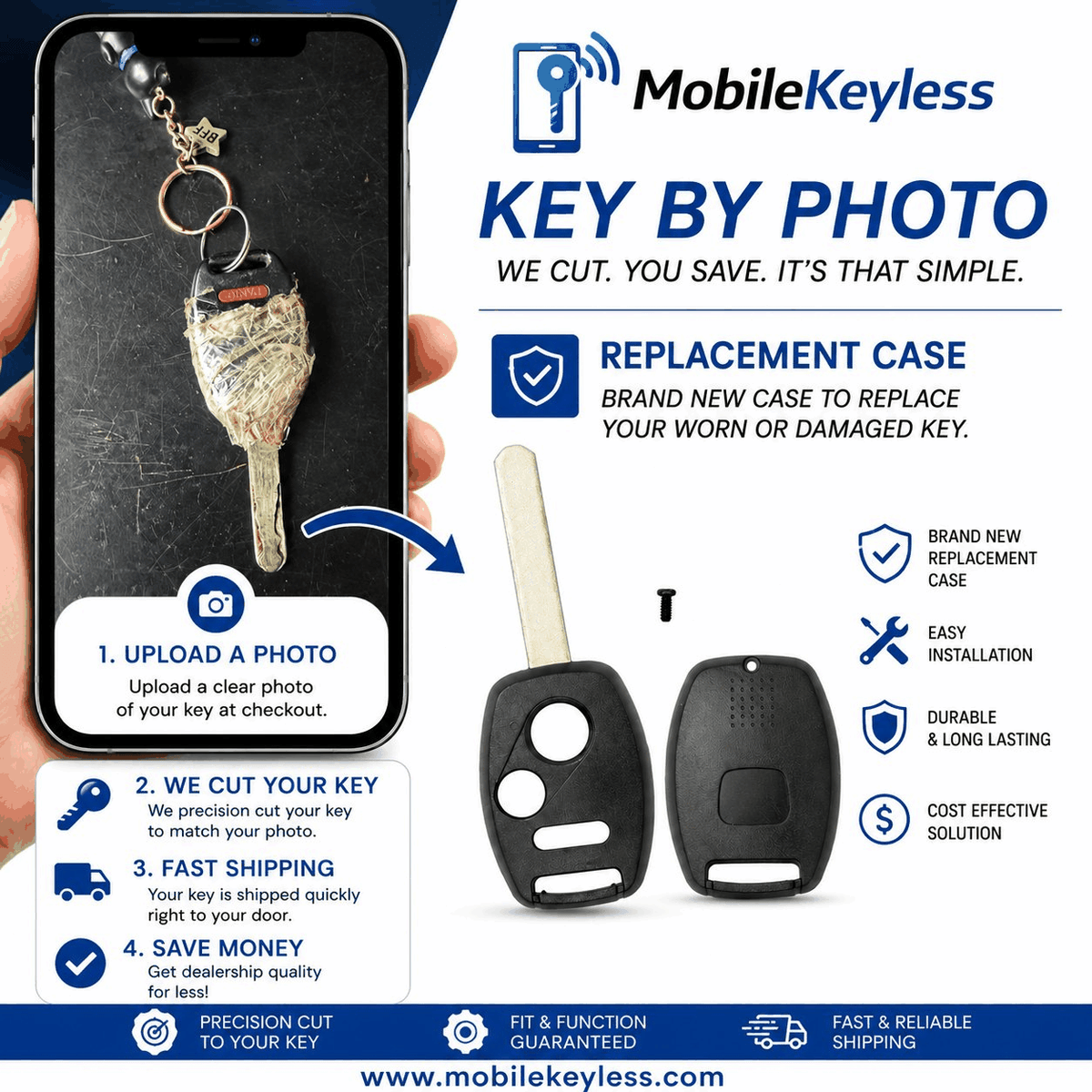 Honda Civic, Accord, CR-V 3-button key shell, replace your worn case with key cut by photo