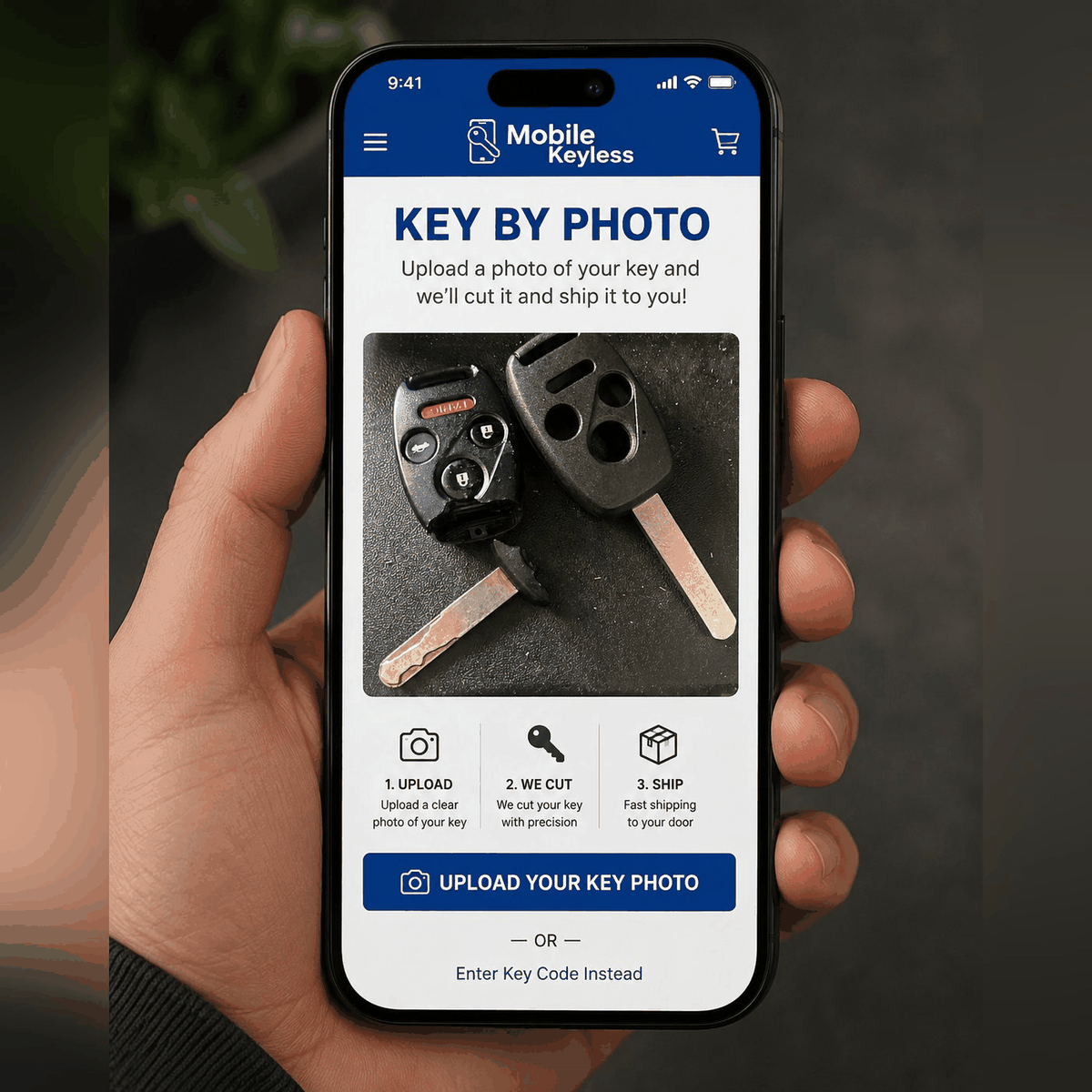 Phone showing the Mobile Keyless Key by Photo upload screen with a Honda 4-button key