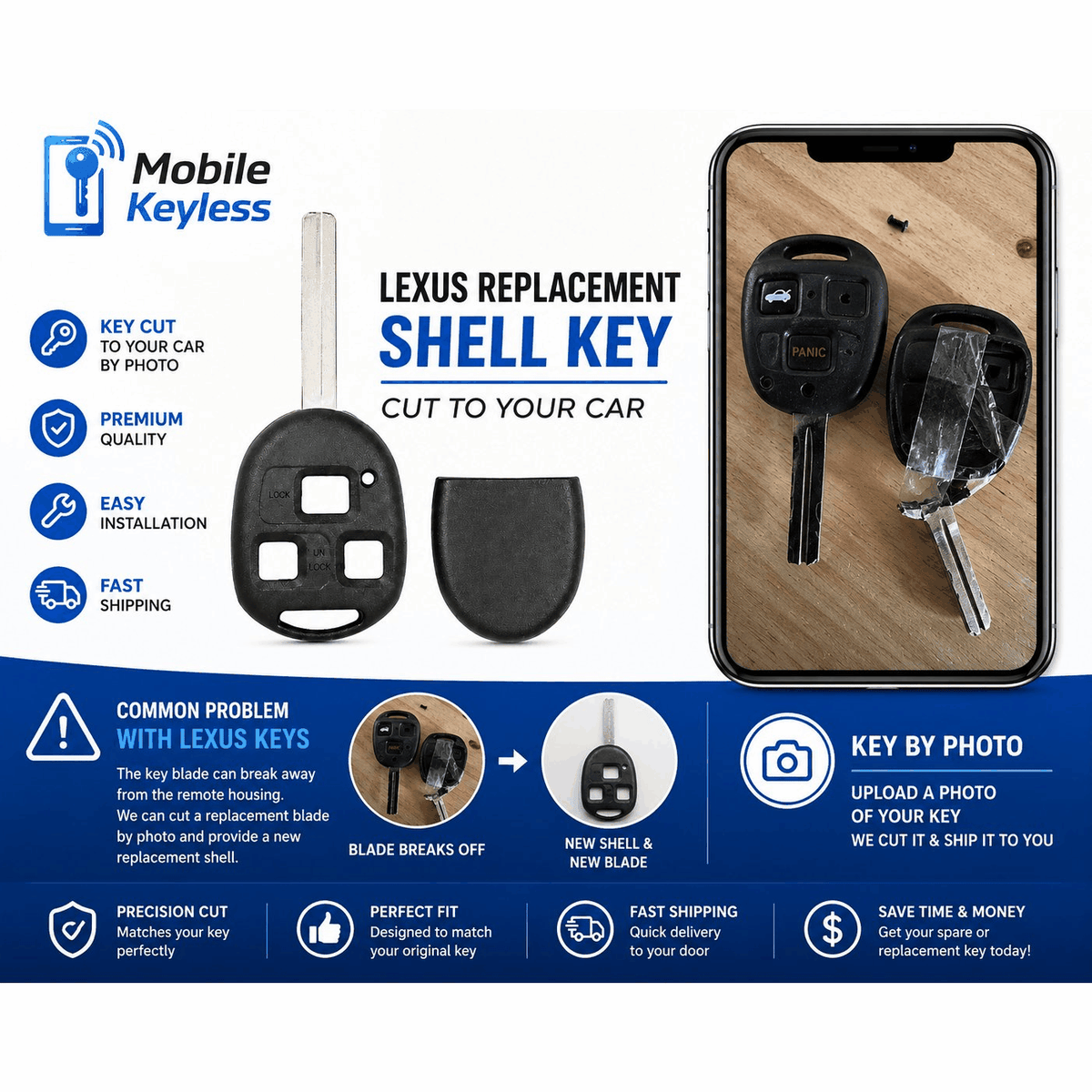 Lexus 3-button TOY48 replacement key shell with blade, cut to your car by photo